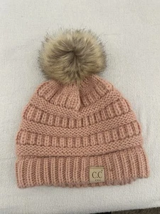 C.C Kids' Babies' Soft Stretch Cable Knit Faux Fur Pom Pom Beanie Hat Pink Cute - Picture 1 of 8