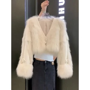 Damen V-Ausschnitt Fuchspelz Gras Kurzjacke Winter 2025 Neu Fell Plüsch Warm Jacken - Bild 1 von 11