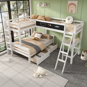 Etagenbett Kinderbett 140x200 cm + 90x200 cm Hochbett mit Schreibtisch und Regal - Bild 1 von 8