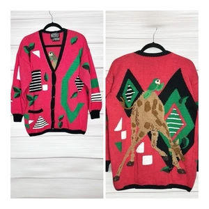 Cárdigan Suéter Berek 1988 Vintage Rosa Jirafa Selva Tejido a Mano Algodón Pima L - Imagen 1 de 12