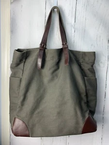Sigrid Olsen Accessories Olive Green Canvas/Brown Leather Oversize Tote Bag RARE - Picture 1 of 10