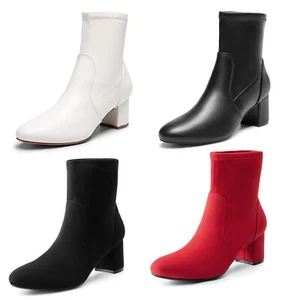 Women Fitted Stretch Ankle Boots Fashion Low Chunky Heel Fall Shoes Easy Slip-On - Picture 1 of 14