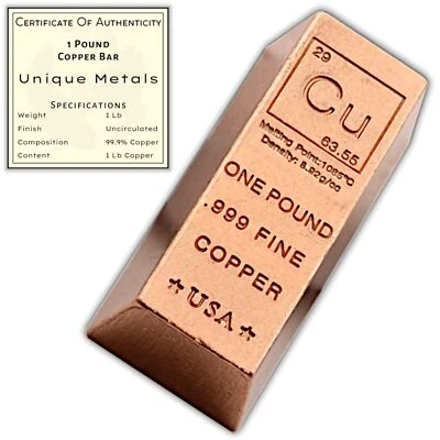 UNIQUE METALS 1 Pound Copper Bar Ingot Paperweight - .999 Pure Copper Bar Bullion Chemistry...