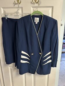Joseph Ribkoff Blue Gold Nautical Blazer Skirt Suit Set Med 14 /16 VNT 90s 80s