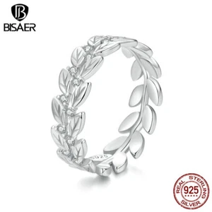 Bisaer Classic Real 925 Sterling Silver Leaves Wedding Ring Women Gifts Jewelry - Picture 1 of 17