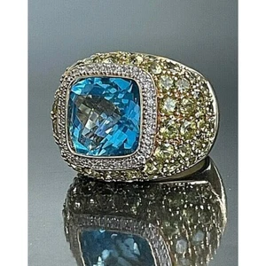 MASSIVE 14K YELLOW GOLD TOPAZ,PERIDOT & DIAMOND STATEMENT RING SIZE 7 SKY - Picture 1 of 9