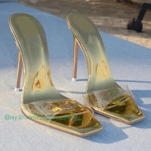 Women High Heels Slip-on Sexy Slide Slippers Mules Evening Square Toe Sandals - Picture 1 of 18
