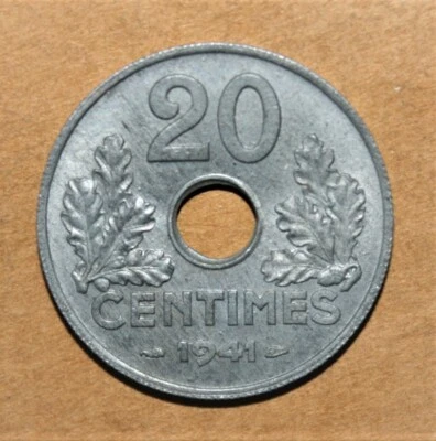 S5 - France 20 Centimes 1941 Uncirculated Zinc Coin *** Key Date - Image 1 of 2