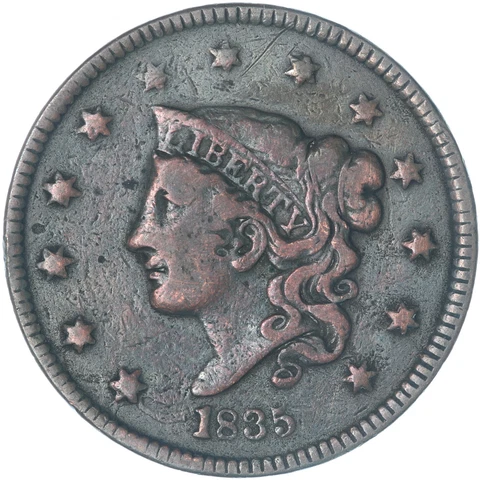 1835 (P) Coronet Large Cent Small 8 Fine FN Old Cleaning See Pics E568 Cover
