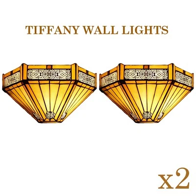 Tiffany Style Multicolor Pair of Wall Sconce Light Lamps 12" Stained Glass Shade - Image 1 of 4