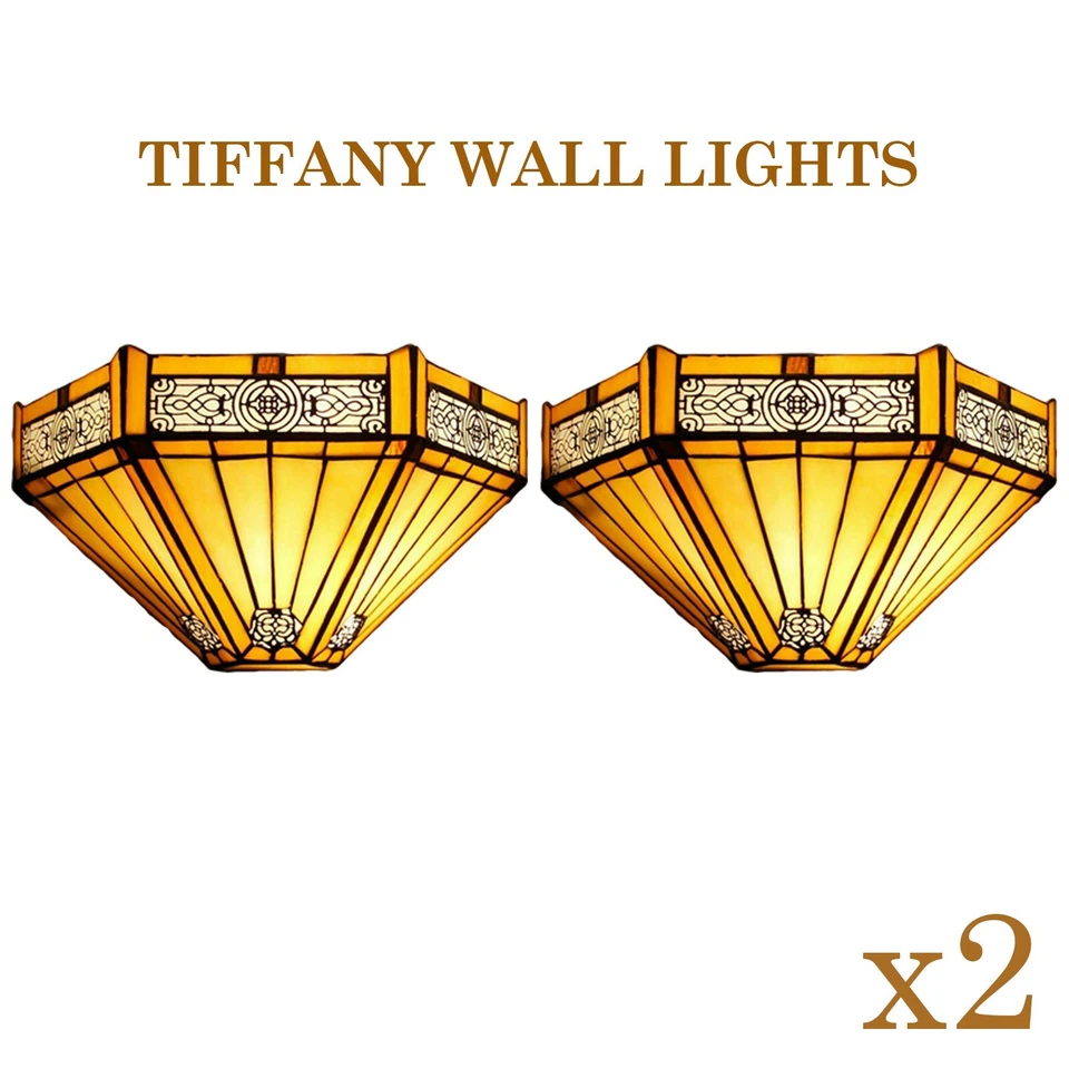 Tiffany Style Multicolor Pair of Wall Sconce Light Lamps 12" Stained Glass Shade - Image 1 of 4
