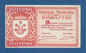 CONSEJO MUNICIPAL DE BARBASTRO -- 25 CENTIMOS ( 1937 ) -- EBC // XF -- SERIE A . - Picture 1 of 2