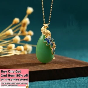 Jade Pendant Necklace Charm 18K Gold Plated Chain Phoenix Bird Dainty Gemstone - Picture 1 of 6