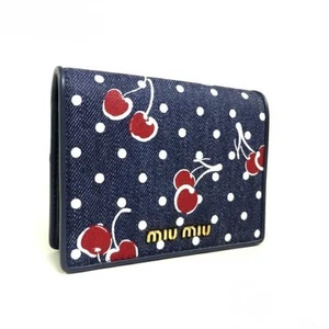 MIU MIU Cherry Pattern Compact Wallet 5MV204 Denim Leather Blue Red Authentic - Picture 1 of 6