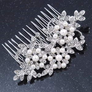 Bridal/ Wedding/ Prom/ Party Rhodium Plated Clear Crystal, Simulated Pearl - Picture 1 of 4