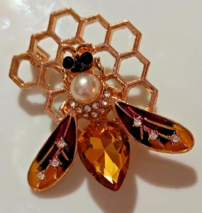 Bee Wasp on Honeycomb Brooch Pin w/ Enamel, Rhinestones - Picture 1 of 4
