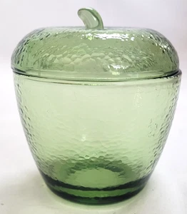 Hasel Atlas Apfelform Grün Grübchen Glas Marmelade Gelee Glas mit Deckel Vintage - Bild 1 von 8