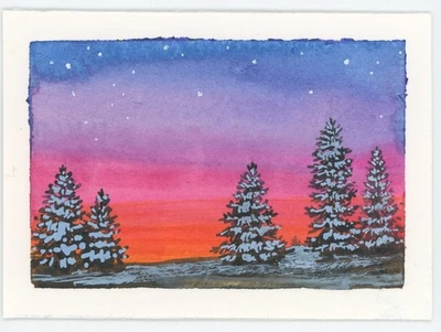 Pintura al atardecer Snowy Pines, ACEO Original (NO ES UNA IMPRESIÓN), 2,5x3,5, Firmada Foto 1 de 3