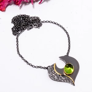 Peridot Black And Gold Rhodium 925 Sterling Silver Chain Pendant 16-18" Sku2 - Picture 1 of 1