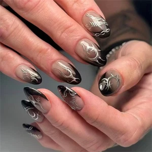 Dark Sweet Press On Nail Black Silver Gothic Design Comfortable Fit Fake Nail - Picture 1 of 8