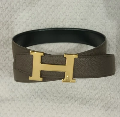 Cintura Reverse Hermès marrone scuro  nera,120cmx3.8 Cm,Fibbia a specchio dorata - Imagen 1 de 4