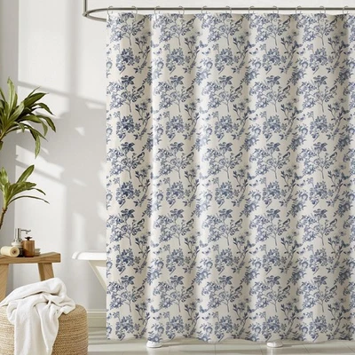 Blue Shower Curtain Set with Metal Hooks, Cottagecore Faux Linen Elegant Vint... - Image 1 of 4
