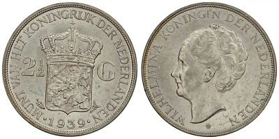 Países Bajos - 2-1/2 florines 1939 - Guillermina, plata Foto 1 de 3