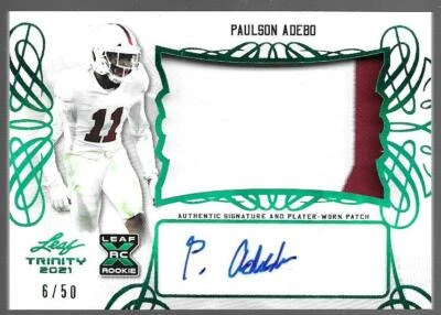 2021 Leaf Trinity Football PAULSON ADEBO Rookie Patch Autograph Green 6/50 - Image 1 of 2