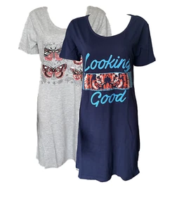 Damen Bigshirt Schlafhemd kurzarm blau und grau Gr. S,M Baumwolle - Picture 1 of 5