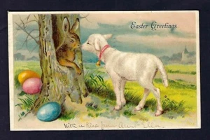 Postal de Pascua de principios de 1900, cordero, conejo, huevos de colores - Imagen 1 de 2