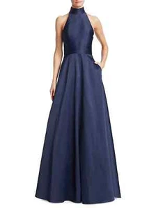 $695 ML MONIQUE LHUILLIER Halter Satin Ball Gown Evening Dress 0 Navy Cut Out - Picture 1 of 17