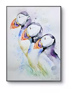 Original watercolour painting signed by Elle Smith Art of Puffin Birds, wall art - Picture 1 of 8