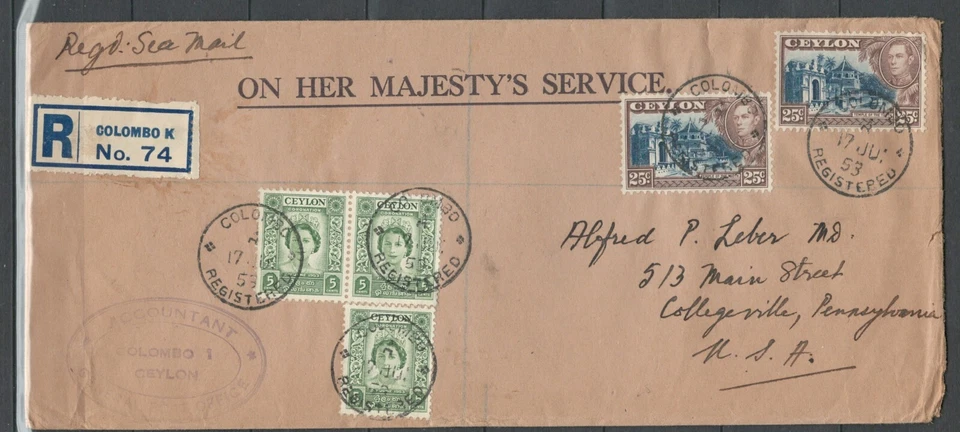 CEYLON BRITISH ASIA REGISTERED AIR MAIL KGVI COVER TO USA LOT (BCL 58) - Image 1 of 1