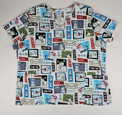 SB Scrubs Women's Size 2X Snowman Sledding Winter Scrub Top Lab Hospital Dentist - Image 1 of 4