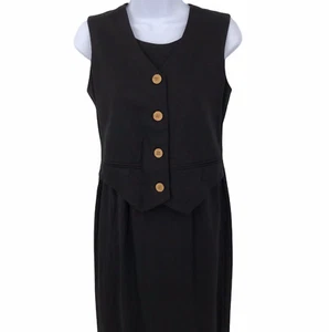 Vintage 90s Black Dress Womens Size S Petite Linen Blend Buttons Lagenlook - Picture 1 of 12