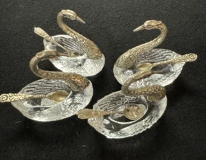 Juego de 4 sales cisnes plata sobre vidrio con cucharas de ley - Imagen 1 de 4
