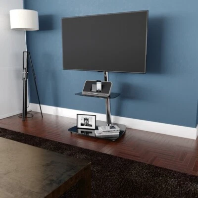 Iseo TV Media Floor Pedestal Stand VESA Silver Bracket & Black Glass up to 55" - Image 1 of 4