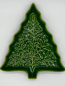 Hallmark Green Christmas Tree Ceramic Candy Nut Serving Dish Raised Holly Leaf - Picture 1 of 5
