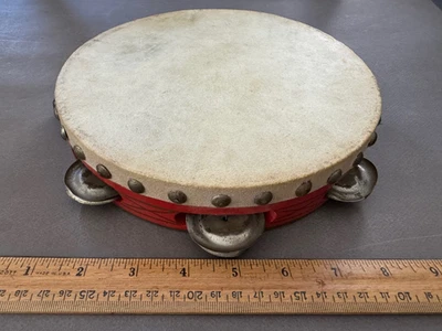 INSTRUMENTO DE PERCUSIÓN TAMBOR PANDERETA MADERA Y METAL PINTADO ROJO 8,5" DE COLECCIÓN Foto 1 de 4