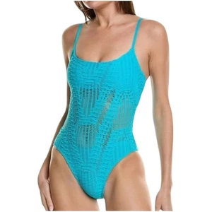 Nuevo con etiquetas Traje de baño Carmen Marc Valvo Crochet superpuesto traje de baño de una pieza azul aguamarina talla 8 - Imagen 1 de 5