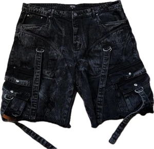 Man Boohoo Oversized Strap & Buckle Detail Denim Jorts Shorts Men 42 Black Cargo - Picture 1 of 12