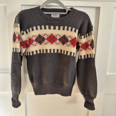Vtg Campus Sweater Argyle Geometric 100 Virgin Wool FLAWED small? Youth ? Look  - Image 1 of 4