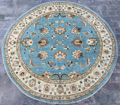 Sea Blue 6x6 Afghan Hand Knotted Round Rug Floral Turkmen Chobi Wool Circle Rug - Image 1 of 4