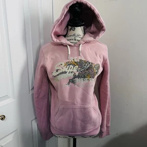 Superdry Womens Pink Fleece Multi Color Rhinestones US Size 6 Pullover Hoodie - Picture 1 of 12