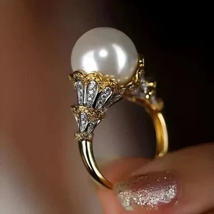 14K Yellow Gold Plated 2.10Ct Round Cut Natural Pearl Solitaire Engagement Ring - Picture 1 of 12
