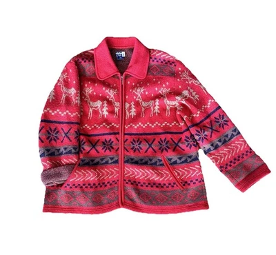 VENEZIA JEANS Rojo Esquí Nórdico Navidad 100% Lana Cremallera Completa Cárdigan Suéter 18/20 Foto 1 de 4