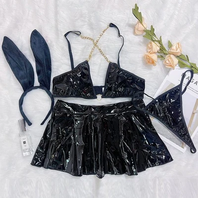 Mujeres Conejito Niña Club Lencería Conjunto Sexy Body PVC Cuero Juegos con disfraces Disfraz Foto 1 de 4