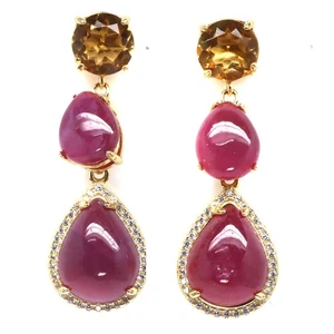 925 Sterling Silver Red Ruby, Golden Yellow Citrine & White Zircon Earrings - Picture 1 of 4