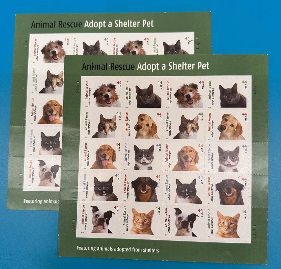 44c Animal Rescue Adopt a Shelter Pet 2 Sheets of 20 #4451-4460 (4460a) Dog Cat - Image 1 of 4