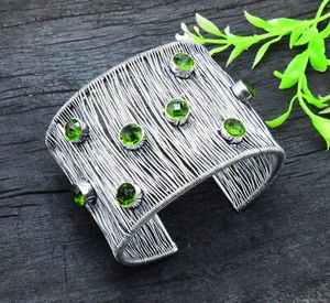 925 Sterling Silver Green Peridot Gemstone Handmade Jewelry Cuff Bracelet - Picture 1 of 6